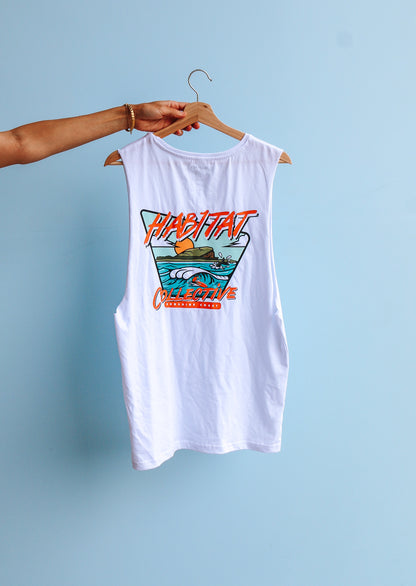 Mudjimba Island Sleeveless Tee, surf singlet, surfwear, mudjimba island